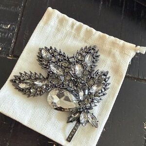 Crystal Leaf Brooch Pin in Silver Tone